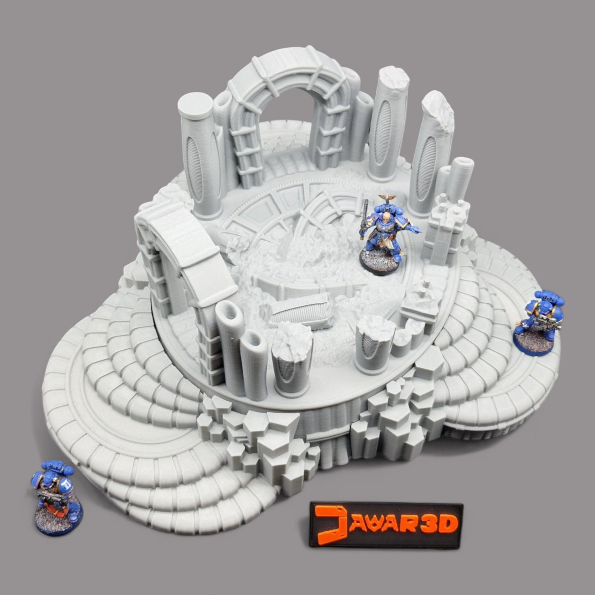 Wargaming 28mm scatter terrain scenery showing 3D-printed Thrax Ruins to be compatible with games such as Warhammer 40K, Star Wars Legions, D+D, Dungeons and Dragons, Sci-Fi, Fantasy and other miniature tabletop games. Brand Jawar3d.