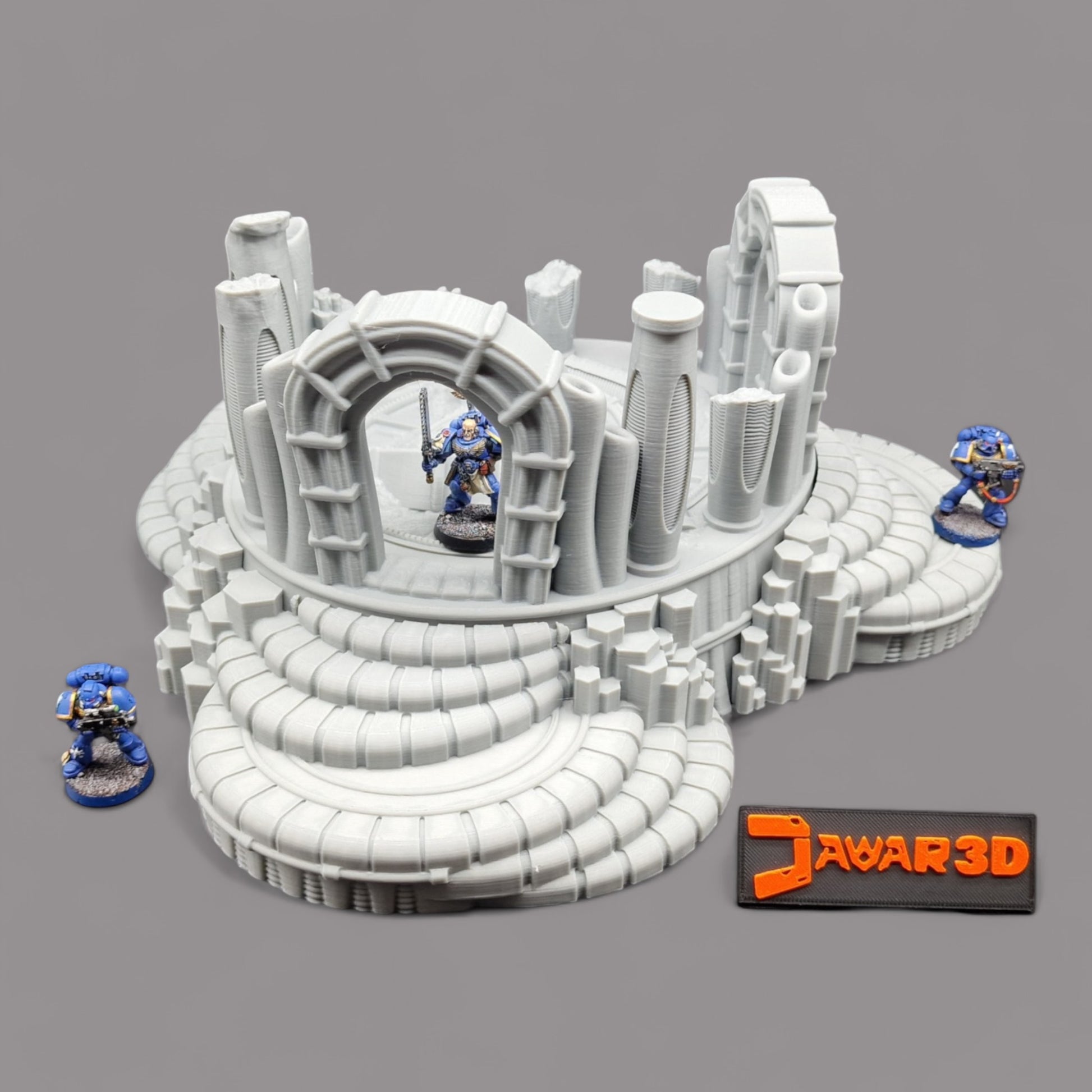 Wargaming 28mm scatter terrain scenery showing 3D-printed Thrax Ruins to be compatible with games such as Warhammer 40K, Star Wars Legions, D+D, Dungeons and Dragons, Sci-Fi, Fantasy and other miniature tabletop games. Brand Jawar3d.