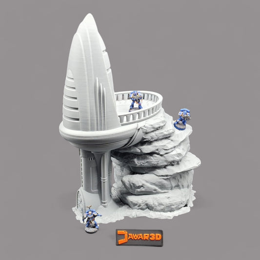 Wargaming 28mm scatter terrain scenery showing 3D-printed Irix Outpost to be compatible with games such as Warhammer 40K, Star Wars Legions, D+D, Dungeons and Dragons, Sci-Fi, Fantasy and other miniature tabletop games. Brand Jawar3d.